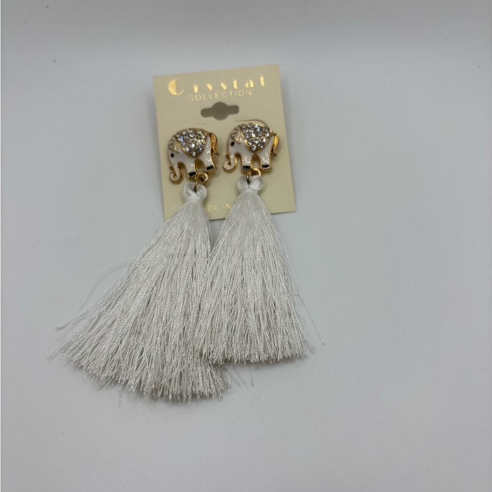 Crystal Collection Elephant Gold and White Tassel Earrings